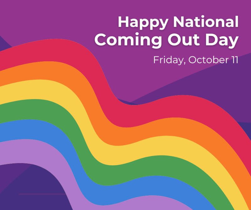 Wavy rainbow on purple background with words "Happy National Coming Out Day"