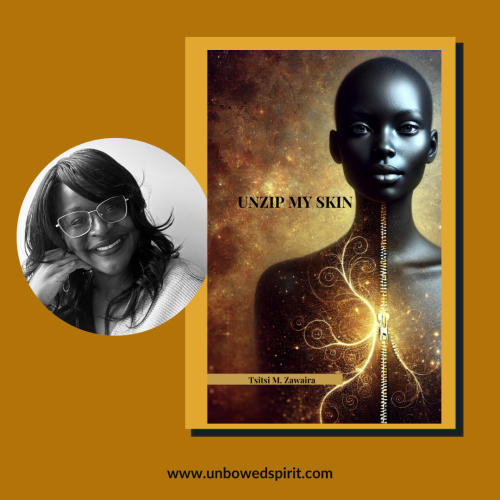 headshot of woman in circle next to Book Cover of Unzip My Skin
