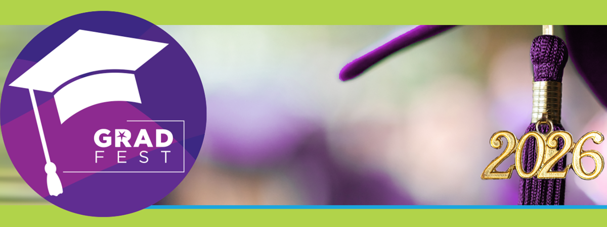 Circle with grad cap and "Grad Fest" on the left, and grad tassle with year 2026 on the right