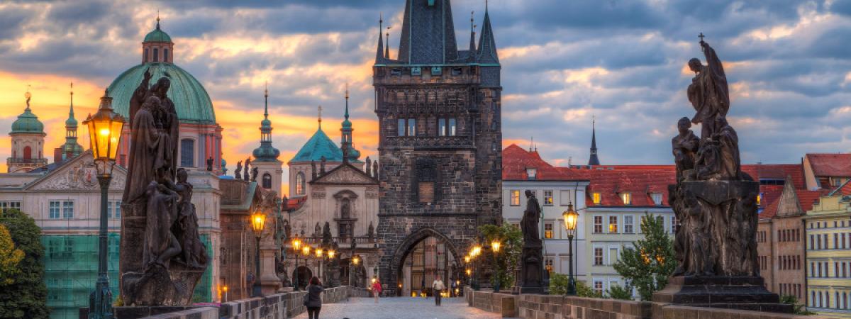 The Charles Bridge in Prague features statues of the city's patron saints