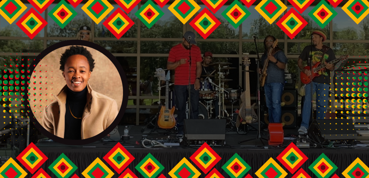 Tish Jones in circle, Reggae Band in background, colorful square across top and bottom