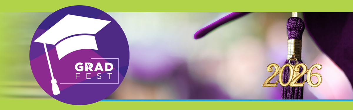 Circle with grad cap and "Grad Fest" on the left, and grad tassle with year 2026 on the right