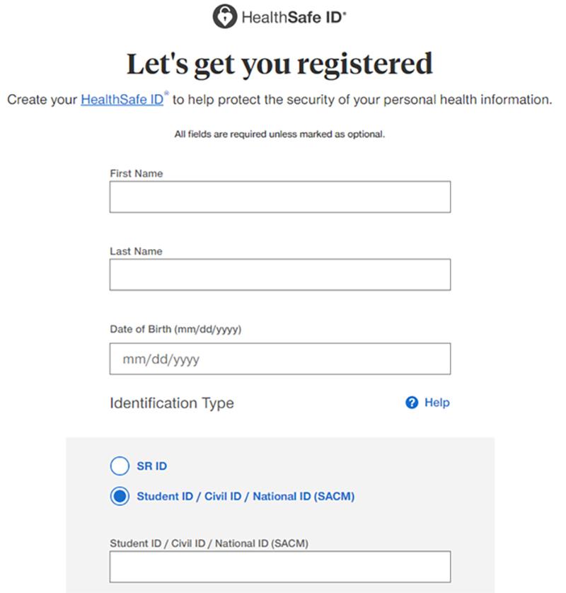 HealthSafe ID Registration webpage