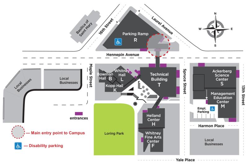 Map of Minneapolis College campus. Bordered by Hennepin Avenue to the north, 13th Street to the east, and Maple Street to the west. Parking ramp with handicap access is north of campus, between 16th Street and Laurel Avenue. Main entrance is via skyway from the ramp. Loring Park is west of campus near Kopp Hall, Helland Center, and Whitney Fine Arts Center.
