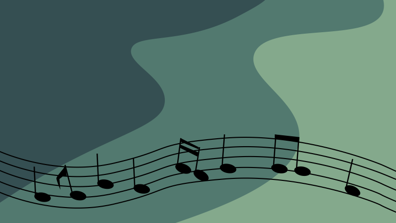 three waves moving left to right, in varying shade of green, with musical notes on the lower part