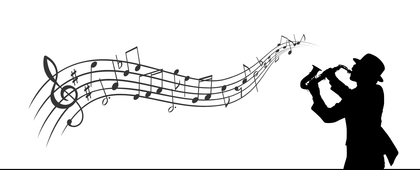 musica notes sweeping left to right, silhouette of man in hat playing a horn on right