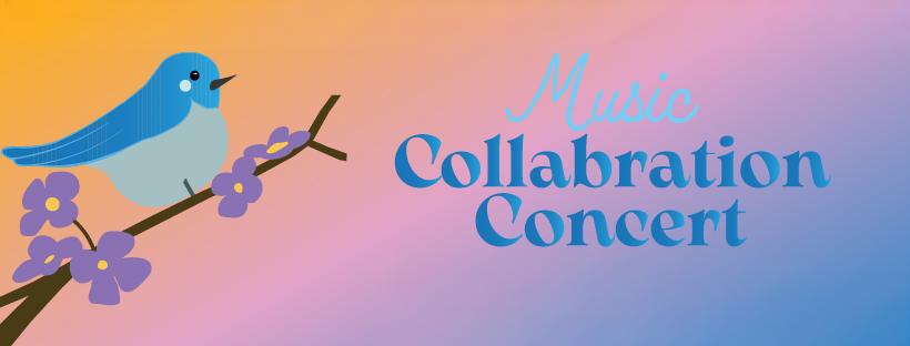 blue bird on a branch on the left, Music Collaborations Concert on the right