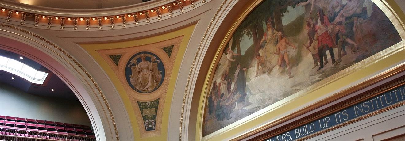 A capitol building ceiling from the inside of the building. 