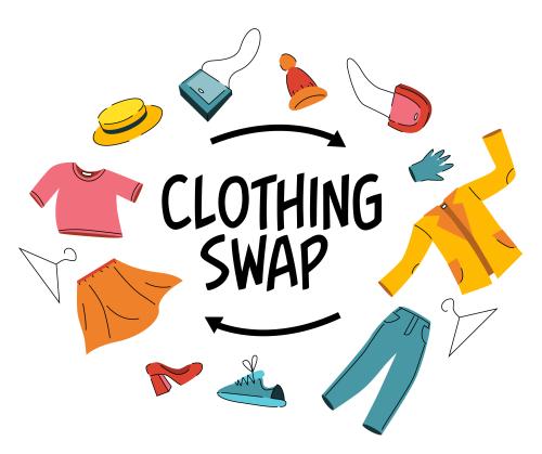 Clothing Swap colorful, hand drawn images of various articles of clothing circling around the words "clothing swap"