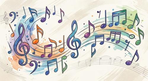 musical notes swirling on colorful background