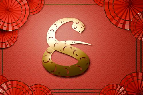 red background with fans in corners and gold, partially coiled snake in middle