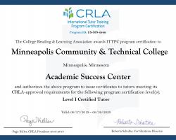 CRLA Certificate for the Academic Success Center at Minneapolis College