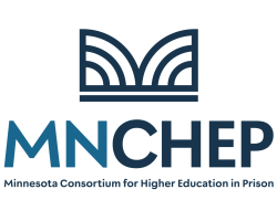 The MNCHEP logo features a stylized open book emblem, the acronym, and the words Minnesota Consortium for Higher Education in Prison. 