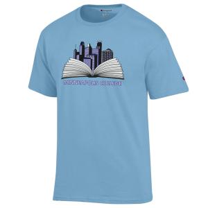 t-shirt with graphic of open book and Mpls Skyline, Minneapolis College text
