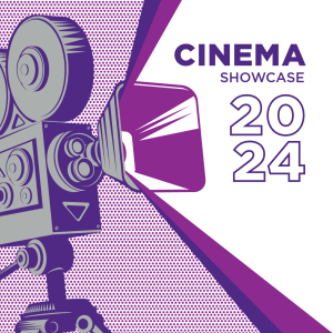 on left, Movie camera in grey, on dotted purple background, in white space Cinema Showcase 2024