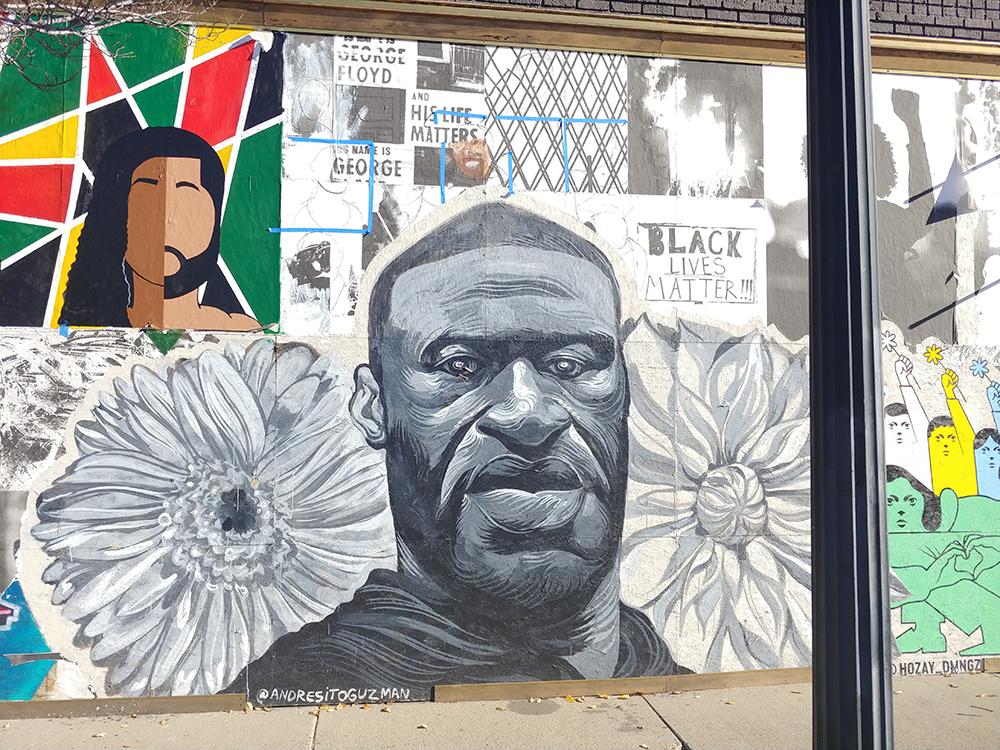 Corner of Hennepin Ave. and W. 24th St. George Floyd wall portrait