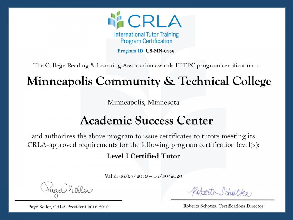 CRLA Certificate for the Academic Success Center at Minneapolis College